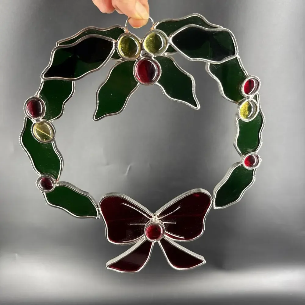 Stained Glass Holly and Berry Christmas Wreath Sun Catcher Holiday Window Decor